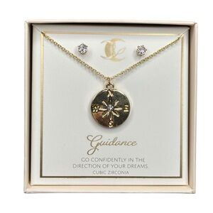 GUIDANCE Gold Compass Necklaces and Studs CZ Cubic Zirconia Box Set NEW